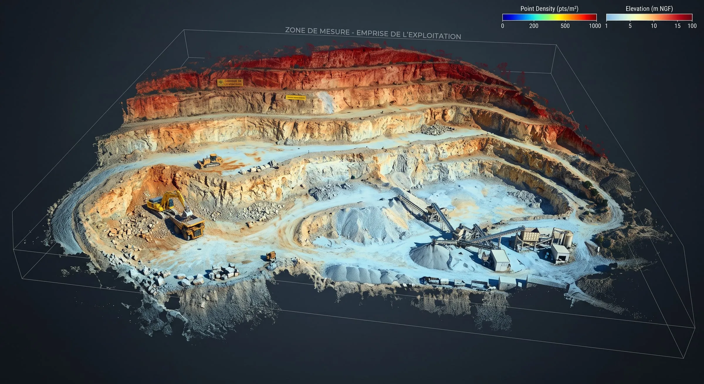 Modèle 3D d'une carrière reconstruit à partir d'un vol de drone, avec ses gradins et ses stocks