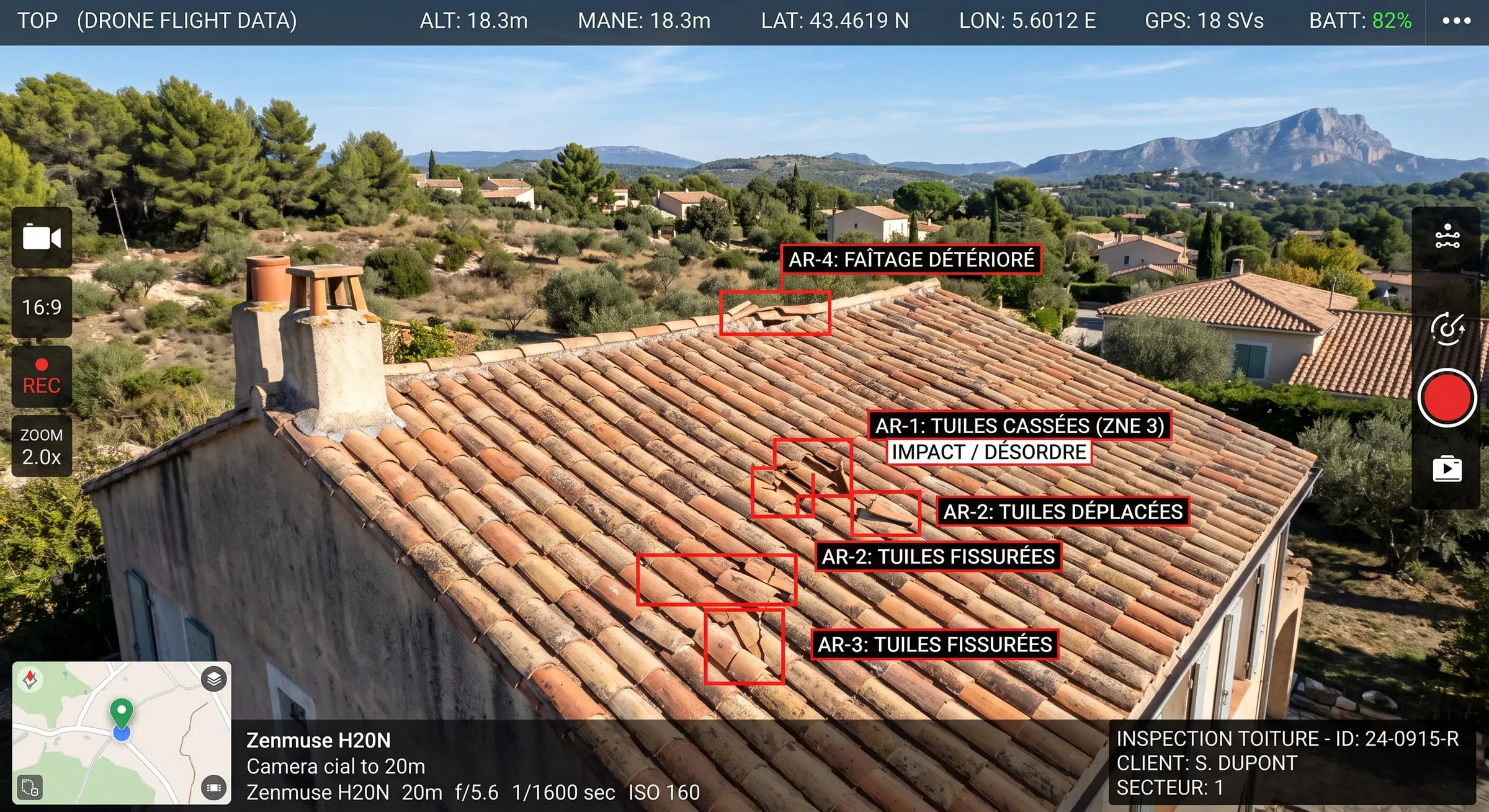 Toiture en tuiles inspectée par drone, désordres repérés et annotés sur l'image