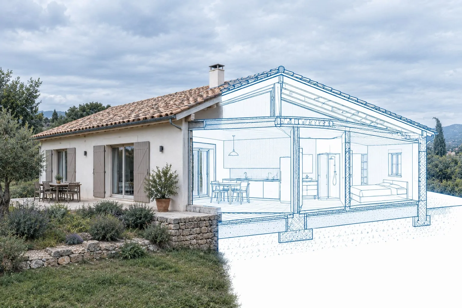 Villa provençale dont la moitié droite se prolonge en dessin d'architecte, coupe sur les pièces intérieures