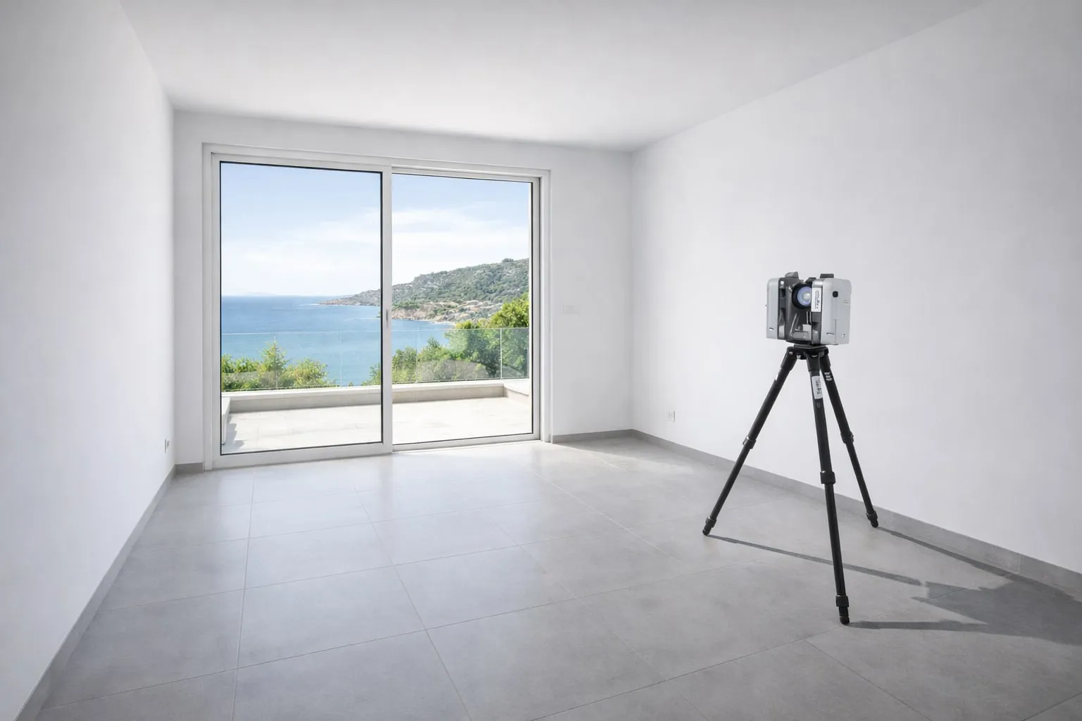 Scanner laser 3D sur trépied dans un appartement vide, baie vitrée ouverte sur la mer