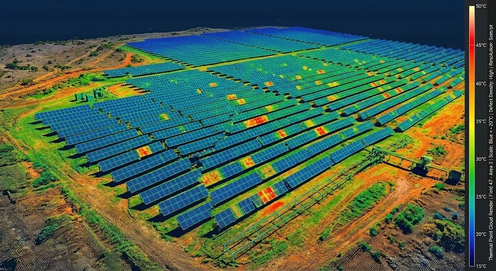 Centrale photovoltaïque vue par drone, rendu en fausses couleurs d'altitude