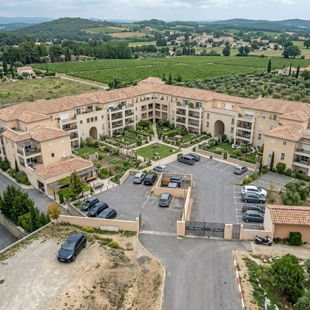 Résidence de copropriété vue du ciel, bâtiments en U autour d'un jardin, parking et vignes alentour