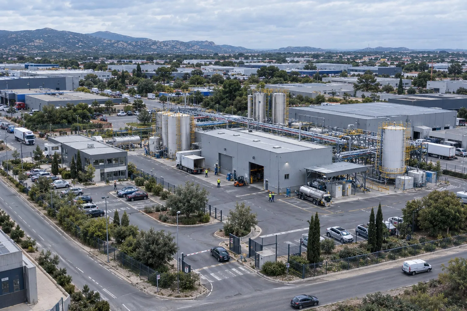 Zone industrielle vue du ciel, usine avec ses cuves et ses tuyauteries, entrepôts et camions alentour