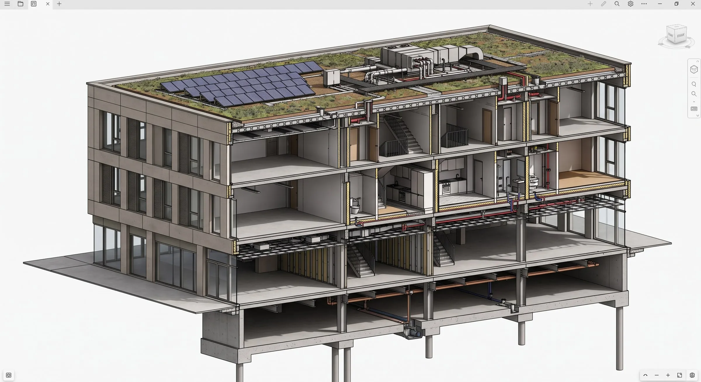 Maquette numérique 3D d'un immeuble en coupe, structure, réseaux et toiture végétalisée visibles