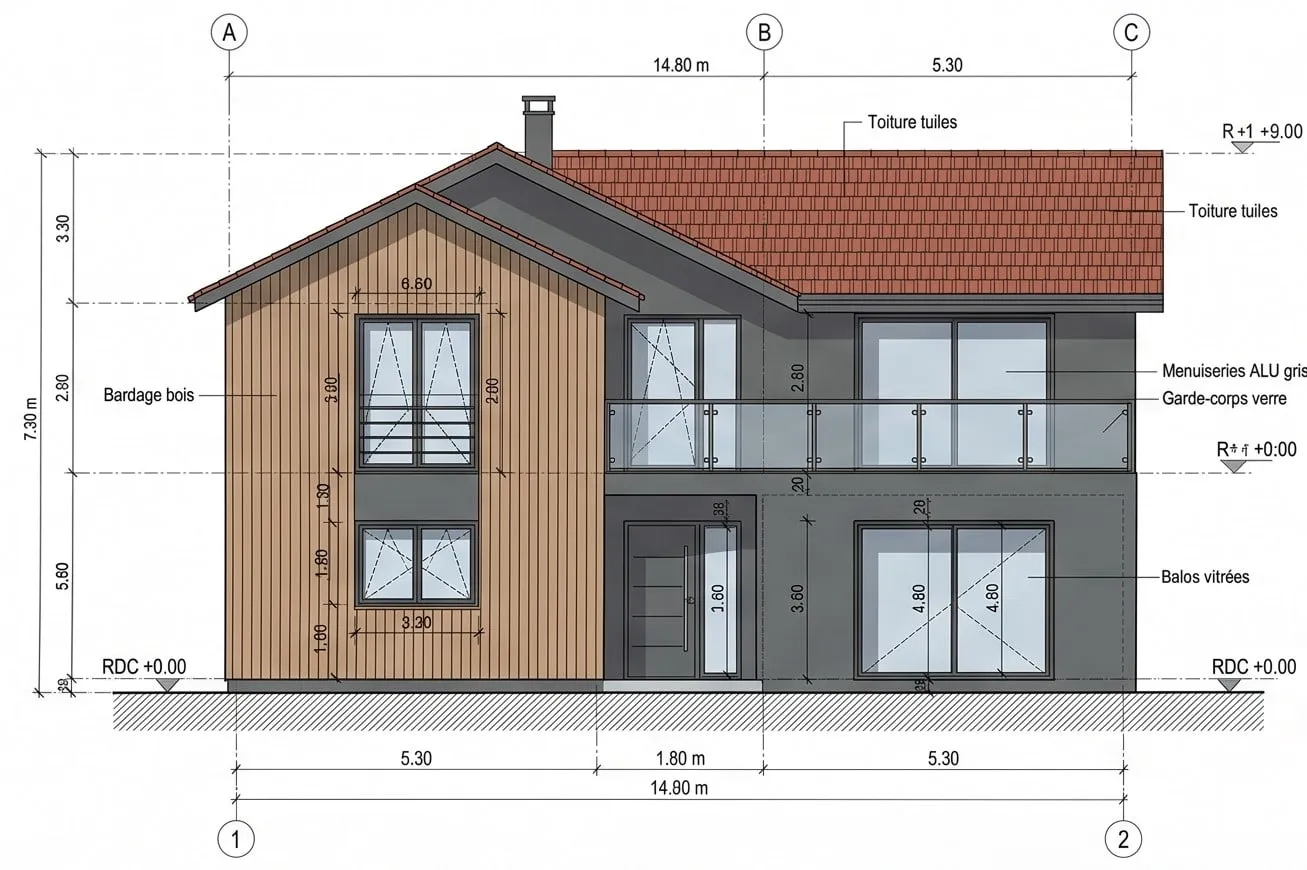 Plan de façade coté d'une maison à bardage bois et toiture en tuiles, avec ses niveaux et ses dimensions