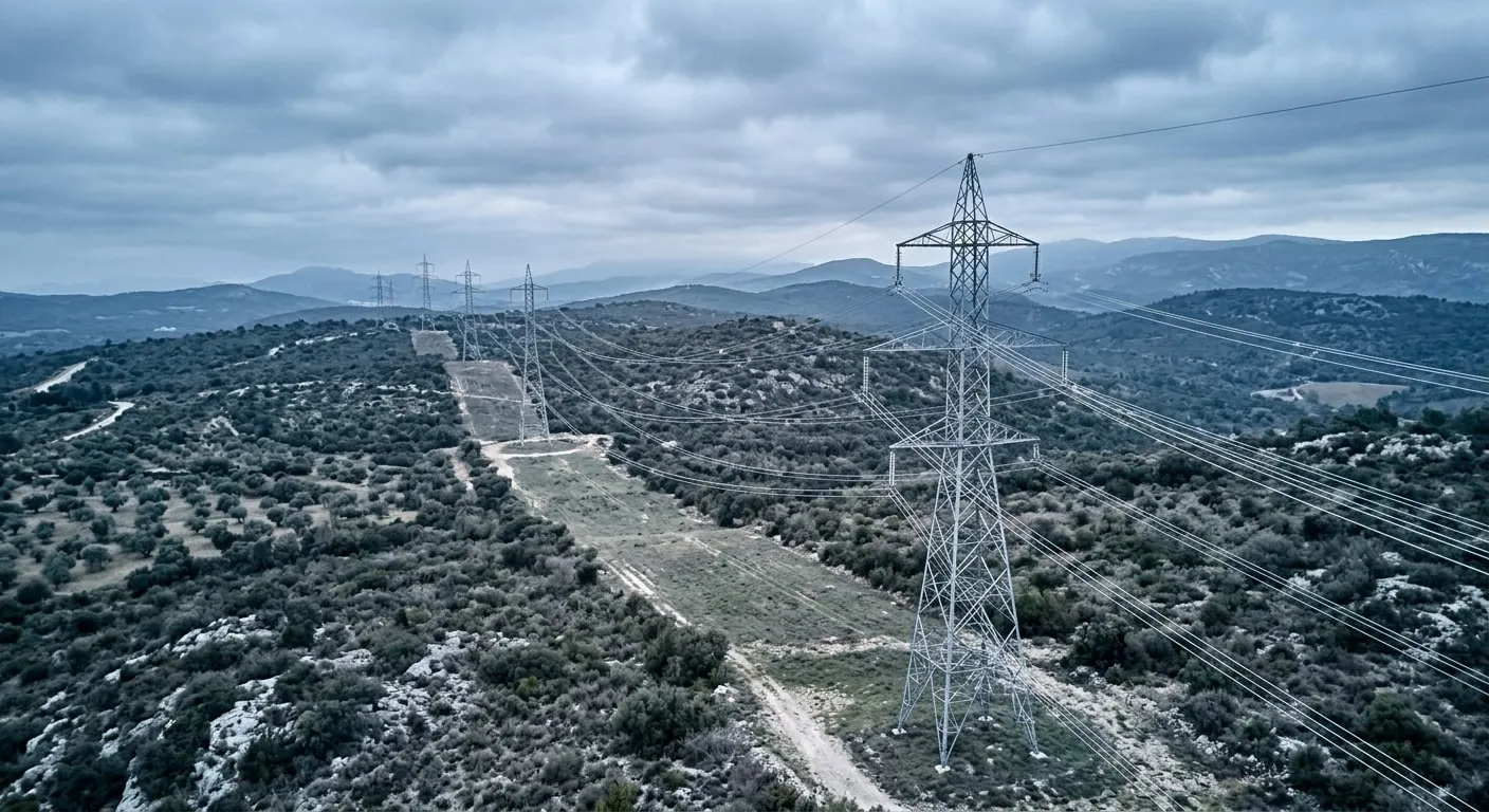 Ligne haute tension et ses pylônes traversant les collines de garrigue, vus du ciel